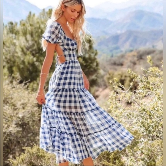 Vici Dresses & Skirts - Vici Blue Gingham Cutout Midi Dress
